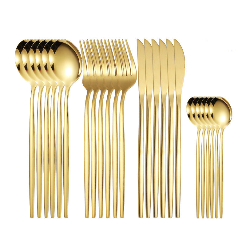 Set couverts de table 6 personnes dorés poli brillant, ensemble de couverts inox 24 pièces, Comprend des couteaux/ fourchettes/ cuillères, fini mat et lavable au lave-vaisselle, facile à nettoyer