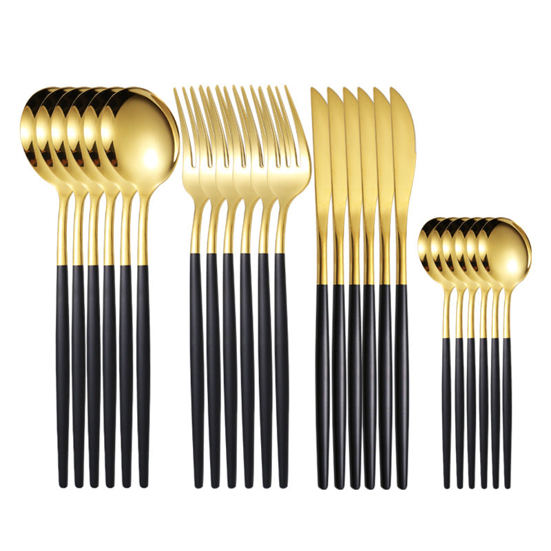 Set couverts de table 6 personnes dorés poli brillant, ensemble de couverts inox 24 pièces, Comprend des couteaux/ fourchettes/ cuillères, fini mat et lavable au lave-vaisselle, facile à nettoyer