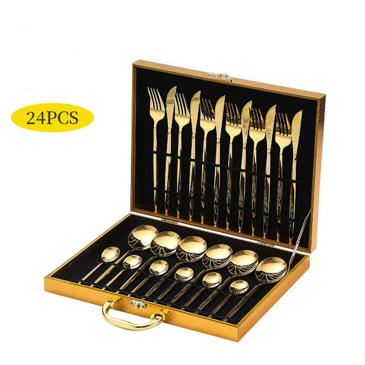 Set couverts de table 6 personnes dorés poli brillant, ensemble de couverts inox 24 pièces, Comprend des couteaux/ fourchettes/ cuillères, fini mat et lavable au lave-vaisselle, facile à nettoyer